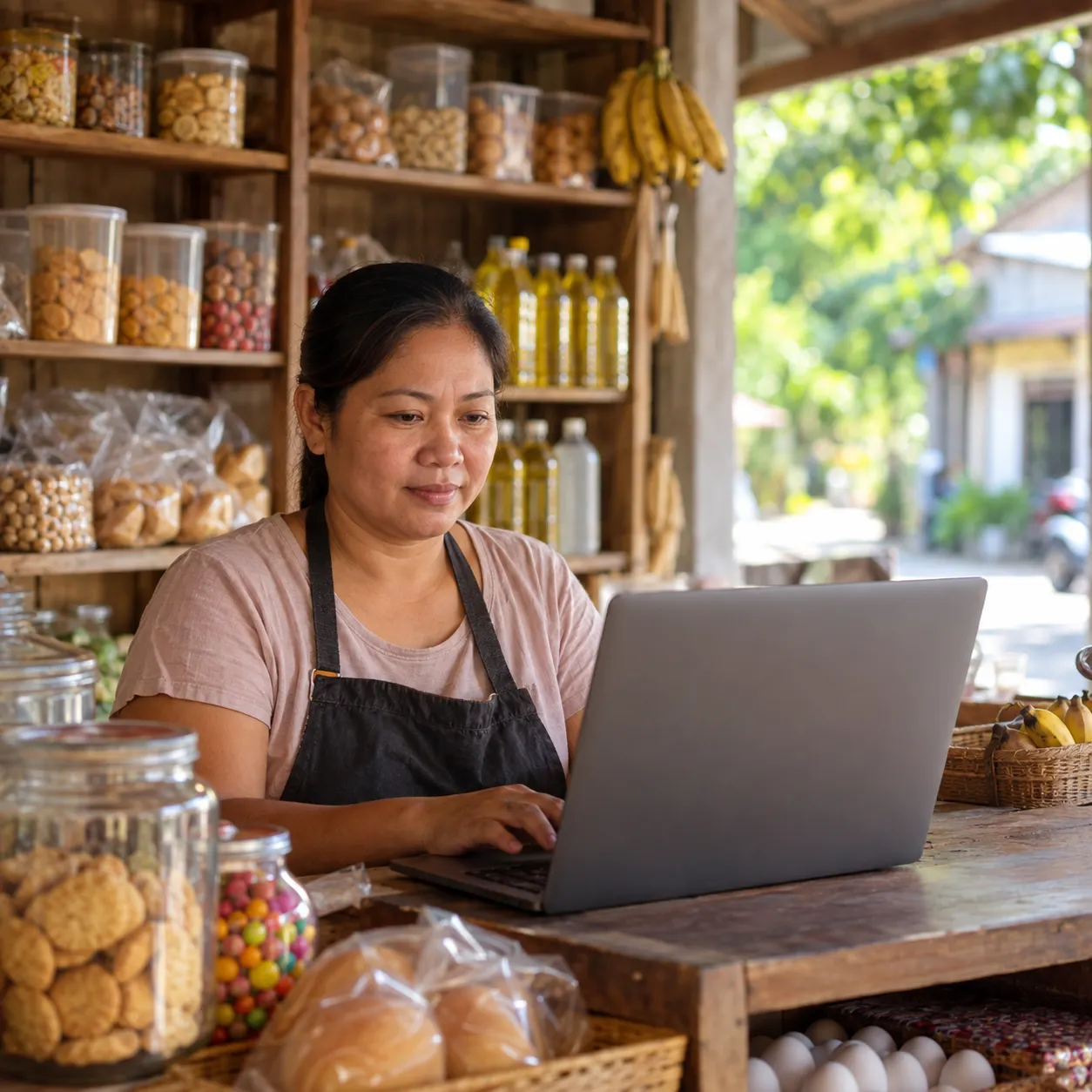 Illustrative: a shop owner working on a laptop at the counter of her store