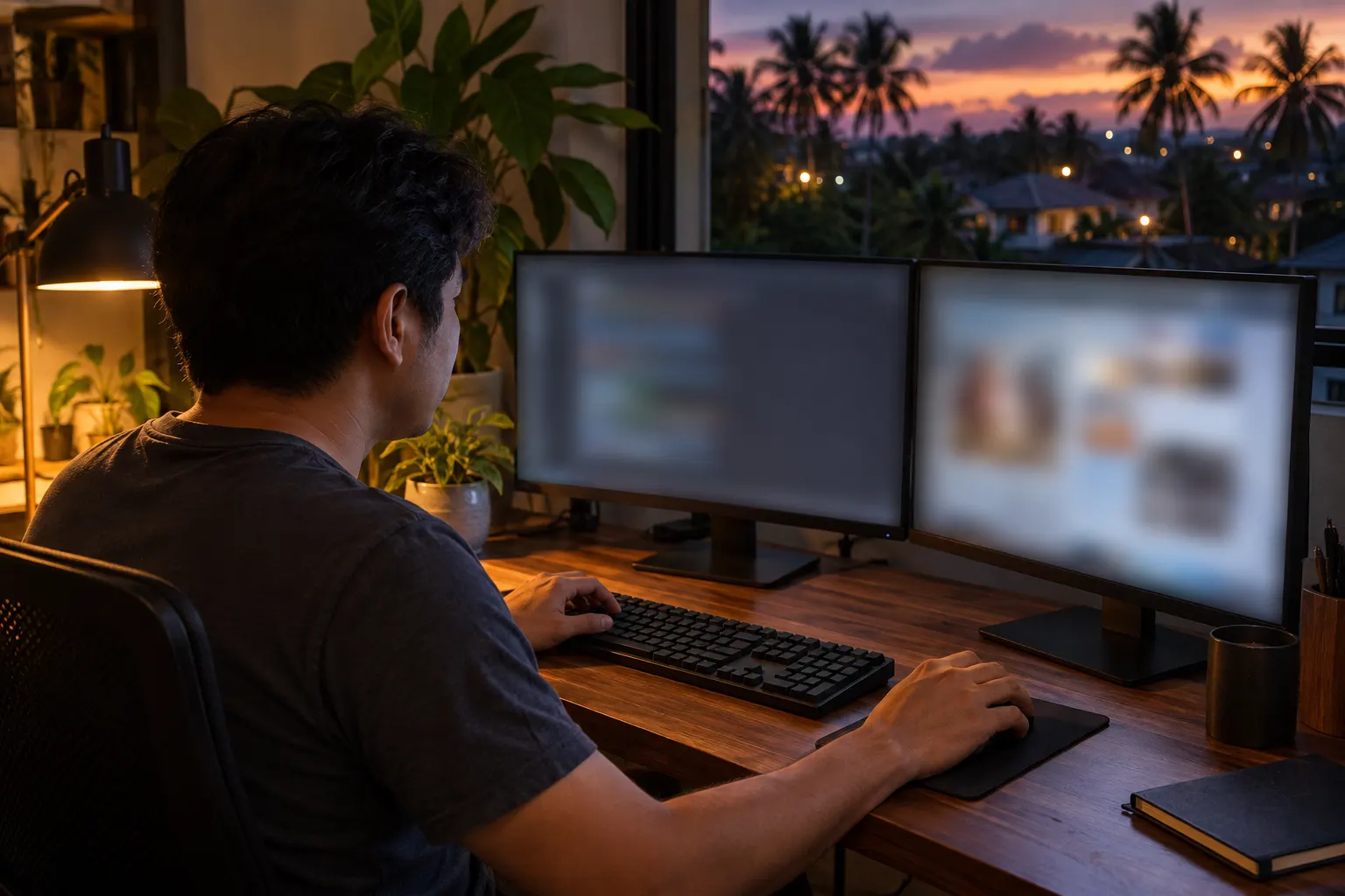 Illustrative: a developer working at a two-monitor desk in the evening