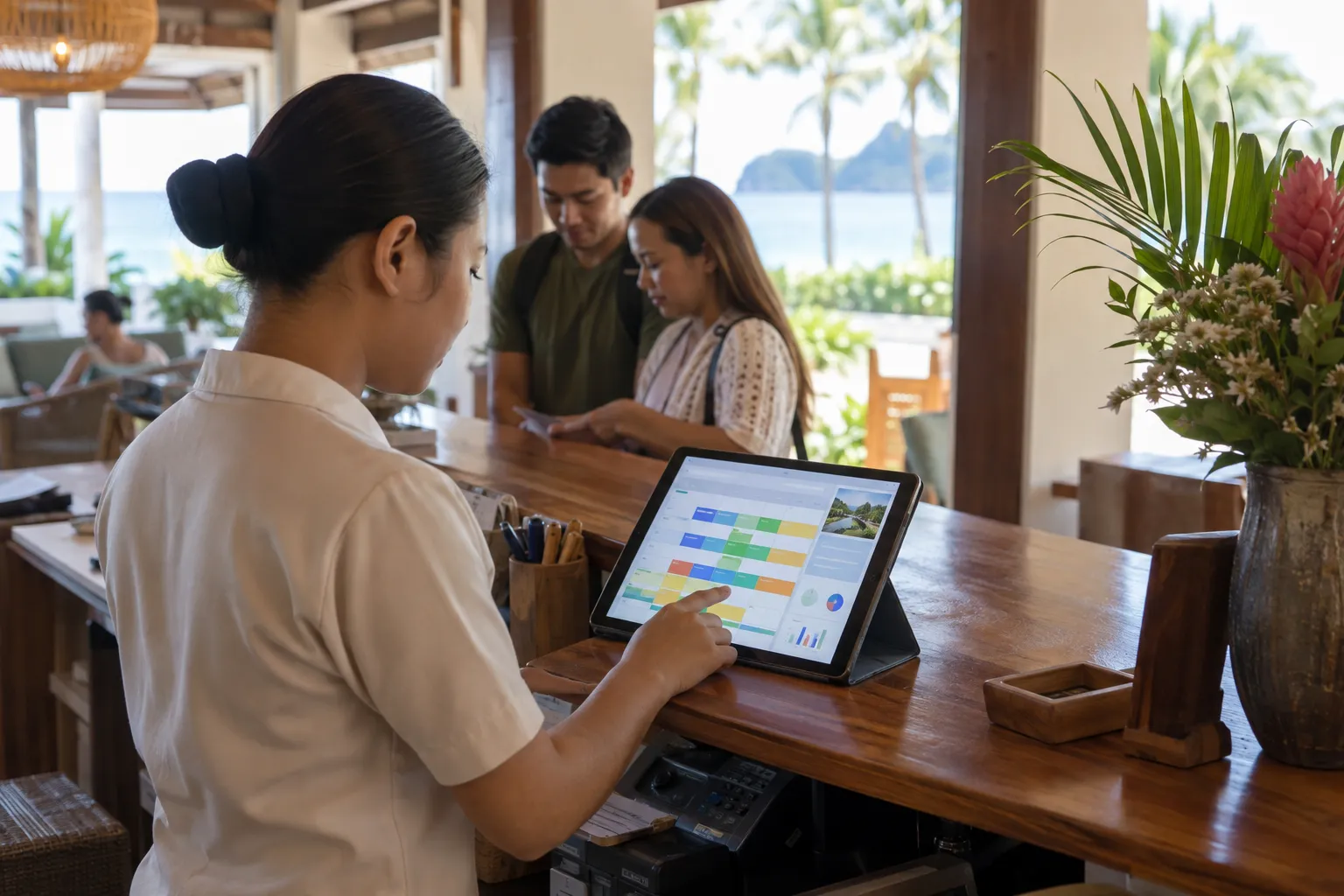 AI-generated illustration: Philippine resort staff using a booking-calendar tablet