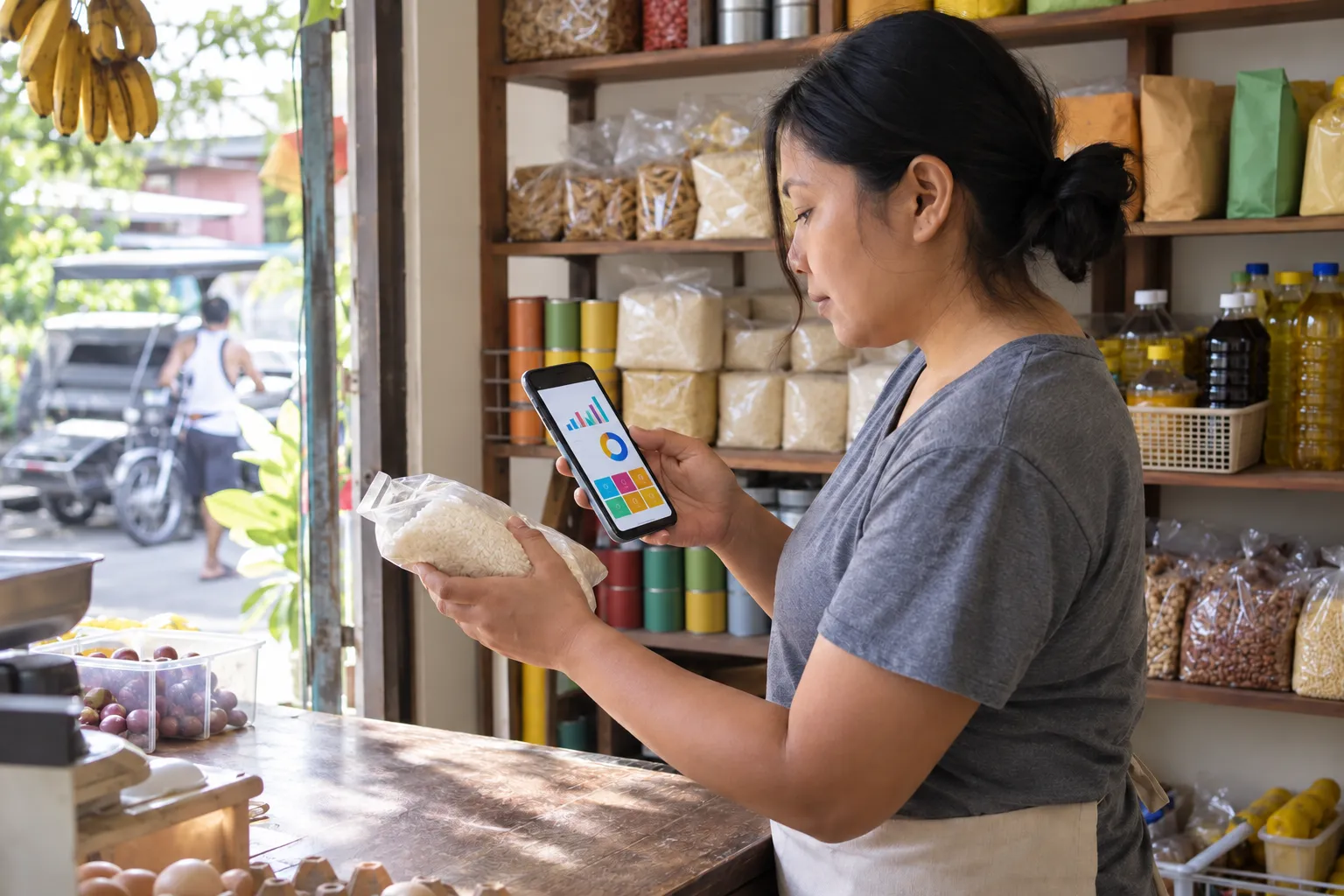 AI-generated illustration: a Philippine shop owner scanning an item with an inventory phone
