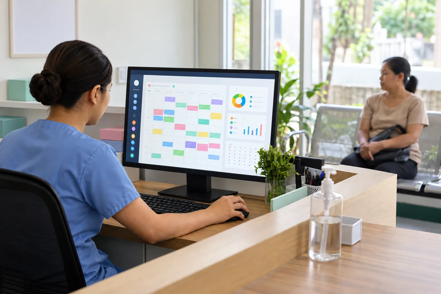 AI-generated illustration: clinic reception with an appointment schedule and a waiting patient