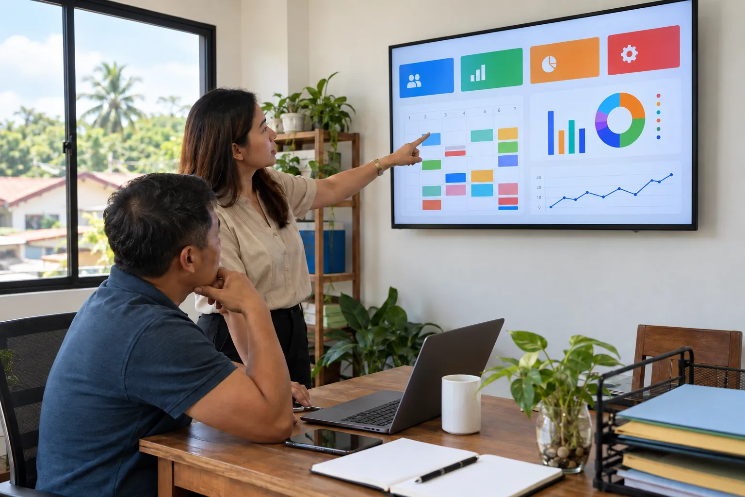 AI-generated illustration: two office colleagues reviewing charts on a wall-mounted screen