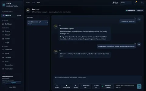 ARK conversation with Eva showing a weekly summary, agent hand-offs and voice controls