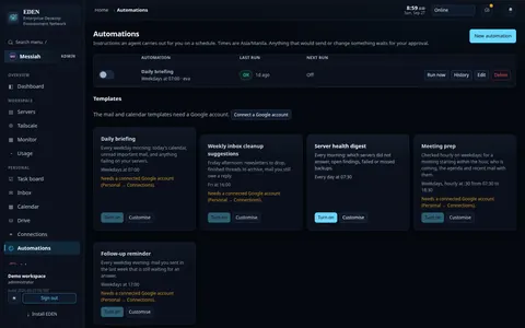 ARK scheduled automations for briefings, inbox clean-up, server health and meetings