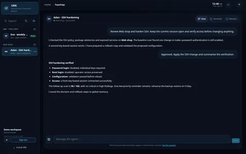 ARK chat mode where the Adan agent hardens SSH on a demo web shop server and reports a 96 out of 100 security score