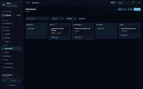 ARK task board with backlog, to do, in progress, blocked and done columns