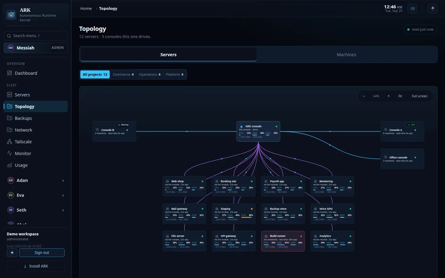 ARK topology map linking a console to twelve demo servers and two partner consoles, each card showing CPU, memory and disk