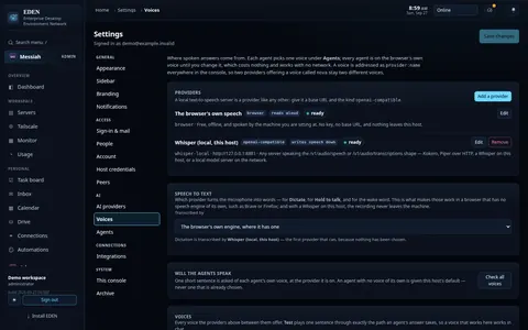 ARK voice settings with speech providers, speech-to-text and individual agent voices