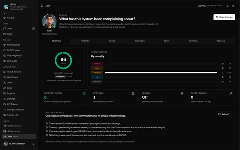 Eva AI network analysis with a 96 health score and findings grouped by severity