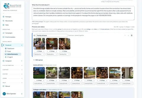 Business Suite social media advert board with an AI agent drafting Facebook ads