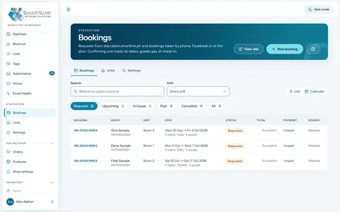 Business Suite stay bookings list with reservation details