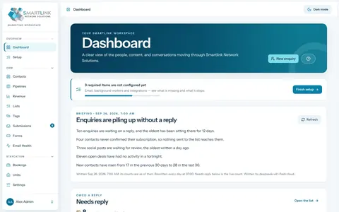 Business Suite workspace dashboard highlighting customer enquiries awaiting replies
