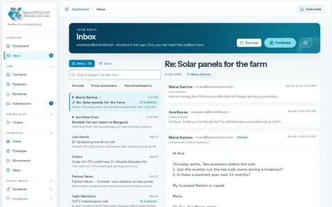 Business Suite team inbox displaying a customer email and reply workspace