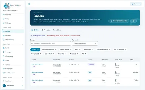 Business Suite online shop order management list