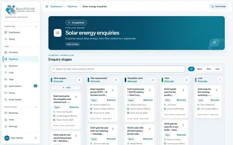 Business Suite CRM board for solar energy enquiries with stages, peso values and deal cards