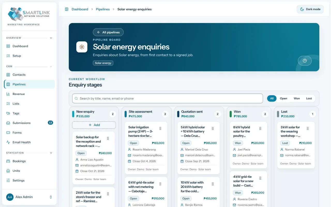 Business Suite CRM board for solar energy enquiries with stages, peso values and deal cards