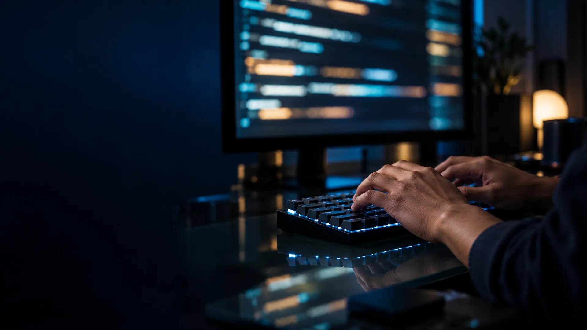 Illustrative: a developer’s hands on a lit keyboard at night, code on the screen